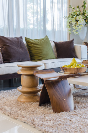 living room with wooden furnitureの写真素材