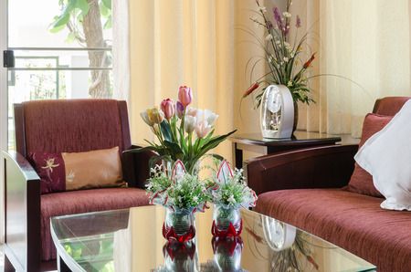 living room with wooden sofa and chair at homeの写真素材