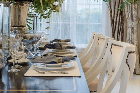 luxury dinning room with table set on wooden tableの写真素材