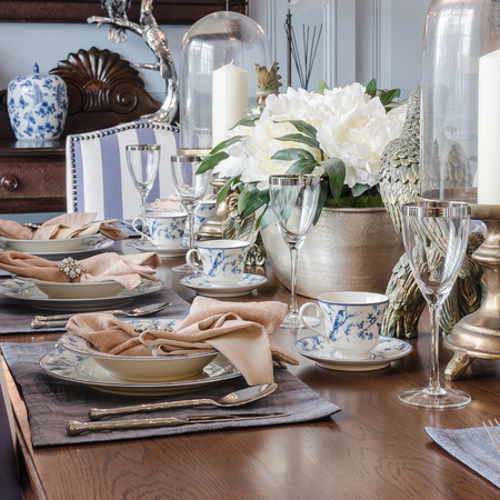 luxury dinning table set at homeの写真素材