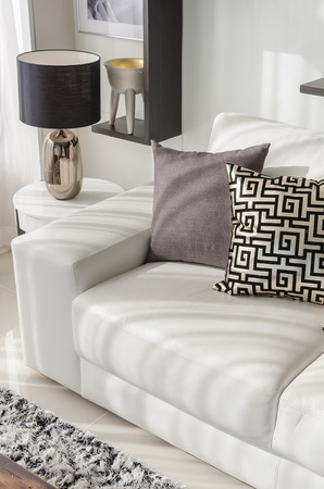 luxury living room with luxury white sofa and pillows at homeの写真素材