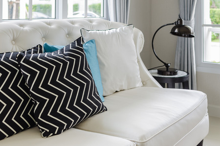 luxury white sofa in living room with pillows at homeの写真素材
