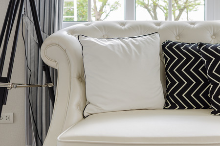 luxury white sofa in living room with pillows at homeの写真素材