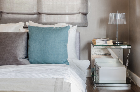 modern bedroom with glass table at homeの写真素材