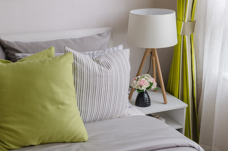 modern bedroom with wood lamp at homeの写真素材