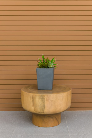 Plants in modern grey pot on round wood table with wood panel as backgroundの写真素材