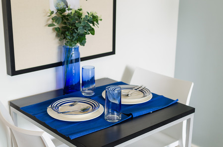 table setting with blue theme for coupleの写真素材