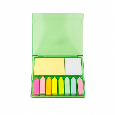 The set of colorful sticky note paper in a box isolated on white backgroundの写真素材