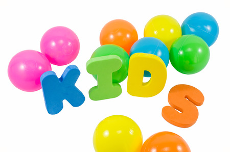 The words kids with balls on white backgroundの写真素材