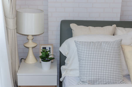 white modern bedroom design with lamp at homeの写真素材