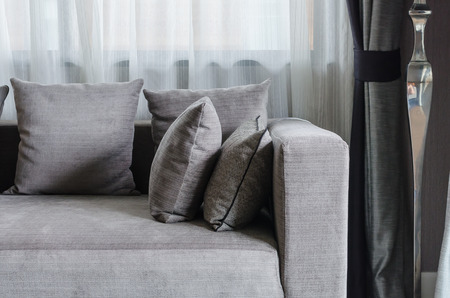 grey pillows on modern sofa in living room at homeの写真素材