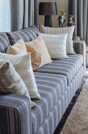 row of pillows on modern grey sofa in living roomの写真素材