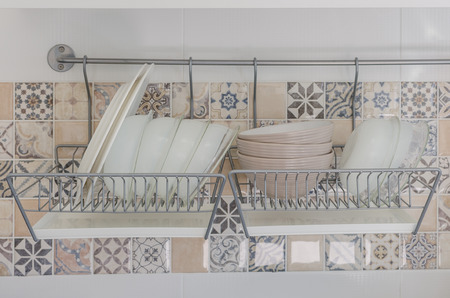 set of plates and dish in kitchen room at homeの写真素材