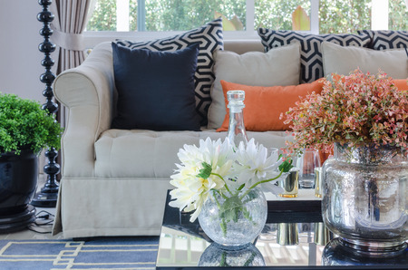 vase of flower on table in luxury living room at homeの写真素材
