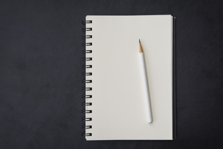 white pencil with blank notebook on black background