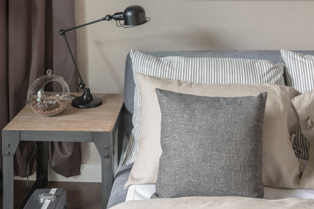 modern bedroom style with grey color tone design and modern lampの写真素材