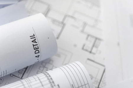 architectural for construction drawings  with roll of blueprintの写真素材