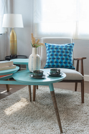 colorful pillows and round table in modern living room designの写真素材