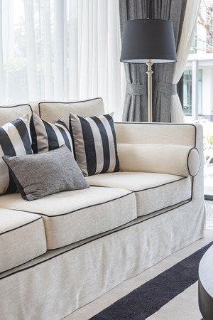 white elegance sofa with black and white pillows in luxury living room designの写真素材