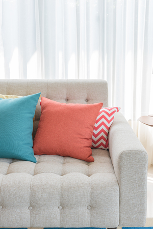 colorful pillows on classic sofa style in living roomの写真素材