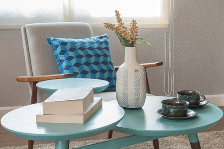 colorful pillows and round table in modern living room designの写真素材
