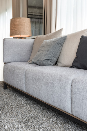 modern grey sofa with pillows and modern lamp on table side in living room designの写真素材