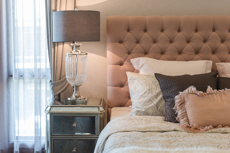 luxury bedroom design with classic lamp on table sideの写真素材