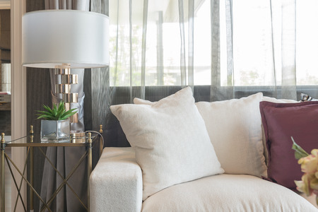 luxury living room design with white sofa and set of pillowsの写真素材