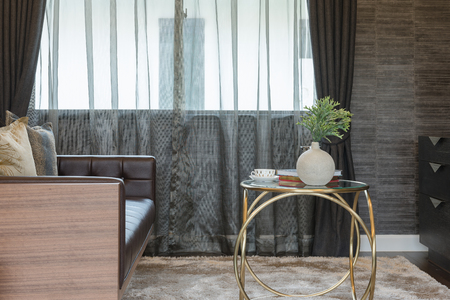 living room design with luxury table on carpet with vase of plantsの写真素材
