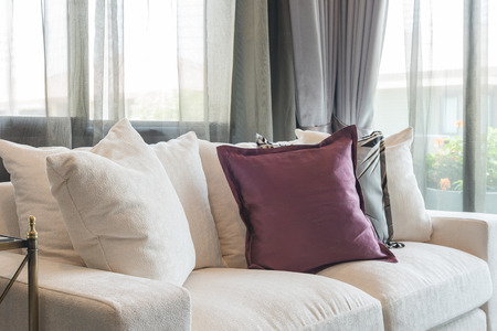 luxury living room design with white sofa and set of pillowsの写真素材