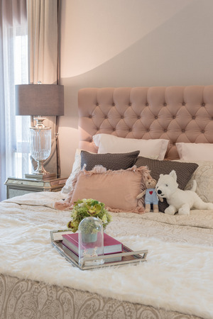 luxury bedroom design with classic lamp on table sideの写真素材