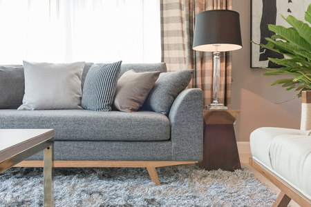 row of pillows on grey sofa with black lamp in living room designの写真素材