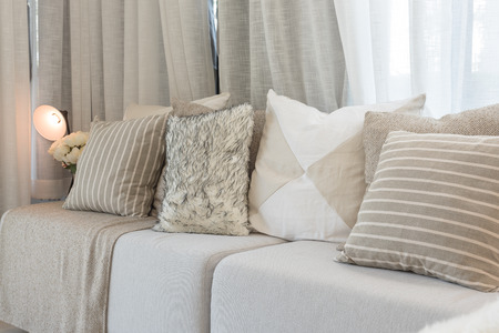 set of pillows on grey sofa in modern living room designの写真素材