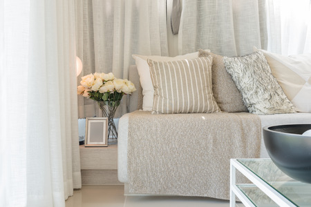 set of pillows on grey sofa in modern living room designの写真素材