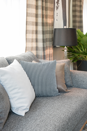 row of pillows on grey sofa with black lamp in living room designの写真素材