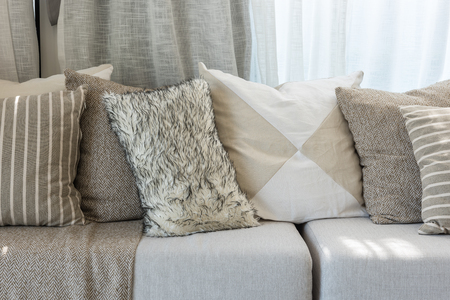 set of pillows on grey sofa in modern living room designの写真素材