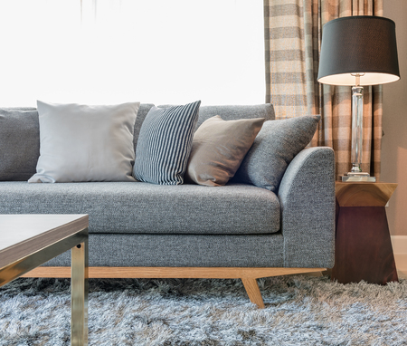 row of pillows on grey sofa with black lamp in living room designの写真素材
