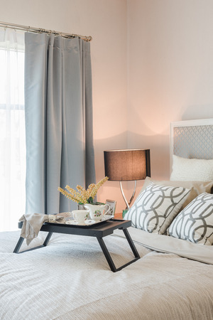 tea set cup on wooden tray in bedroom designの写真素材