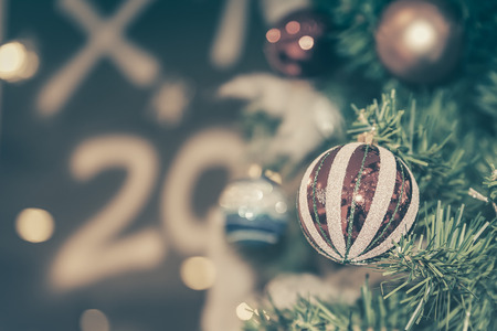 Decorated Christmas tree on blurred, sparkling and fairy backgroundの写真素材