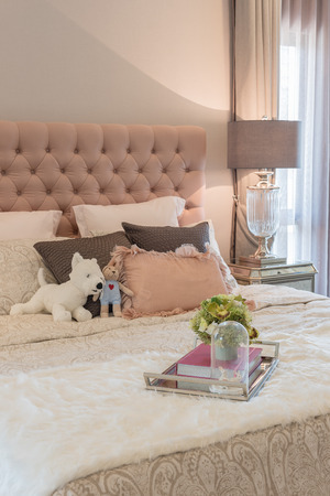 luxury bedroom design with classic lamp on table sideの写真素材