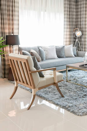 modern living room with wooden chair on carpet and set of sofaの写真素材
