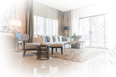 interior sketch design of modern living room with modern chair and sofa at homeの写真素材