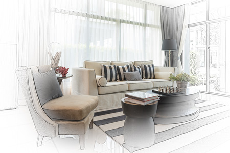 interior sketch design of modern living room with modern chair and sofa at homeの写真素材