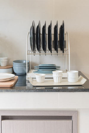 modern kitchen room with sink on top granite counter, interior designの写真素材