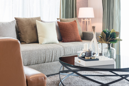 set of pillows on classic sofa in modern living room interior design conceptの写真素材