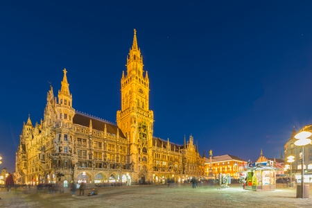 Night panorama of Marienplatz and Munich city hall in Munich, Germany.のeditorial素材