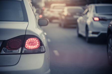 traffic jam with row of cars on toll way, rush hour, vintage style processの写真素材