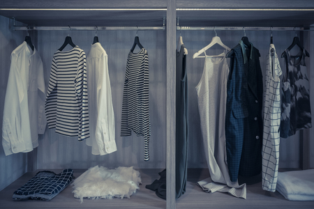 clothes hanging on rail in modern wardrobe, interior design concept, vintage style process