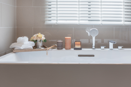modern barhroom interior with white bathtub and faucet, inyrtiot design conceptの写真素材