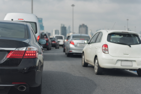 traffic jam with row of cars on express wayの写真素材